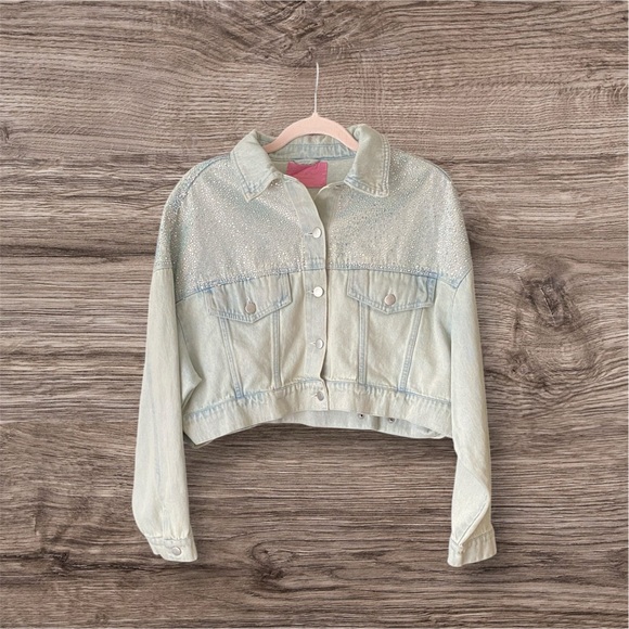 Elegant Glitter Light Blue Denim Jacket with Glitter Accents - Picture 2 of 6